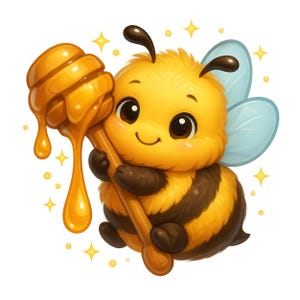 May include: A cartoon bee illustration holding a honey dipper with dripping honey. The bee is yellow and brown with blue wings and a smiling face. Gold stars surround the bee, creating a whimsical design.