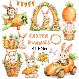 May include: A collection of watercolor illustrations featuring Easter bunnies and carrots. The image includes bunnies in an airplane, a hot air balloon, and a car. Text reads "Easter Bunnies 41 PNG".