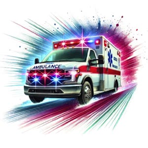 May include: A white ambulance with red and blue flashing lights, driving on a blurred background with streaks of red, blue, and green. The ambulance has the word "AMBULANCE" in bold letters on the front.