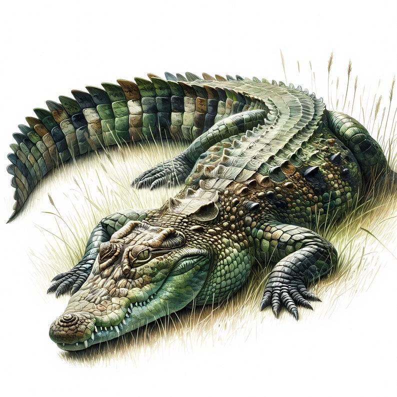 May include: A green and brown crocodile with a textured skin lies on its belly in a patch of tall grass. The crocodile's eyes are closed and its mouth is slightly open.