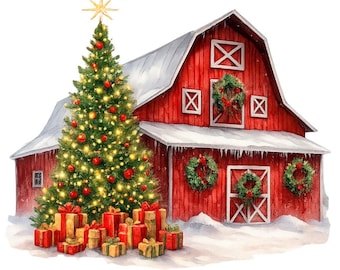 Christmas Barn Clipart: Rustic Farmhouse Winter Scene (PNG Digital Download, Set of 12