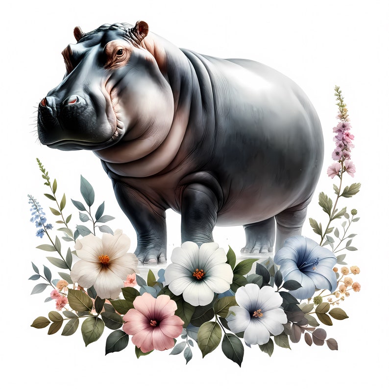 May include: A gray hippopotamus standing in a field of white, pink, and blue flowers. The flowers are arranged in a circle around the hippopotamus.