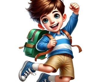 May include: A cartoon illustration of a boy wearing a blue and white striped shirt, brown shorts, and blue sneakers. He is carrying a green backpack and has a big smile on his face. He is jumping in the air with his right arm raised.