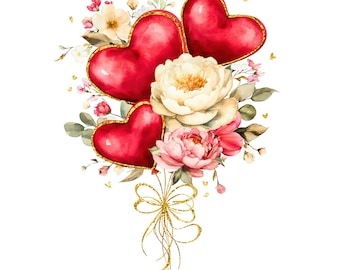 May include: Watercolor illustration of a bouquet featuring three red heart-shaped balloons with gold trim. The bouquet includes white and pink flowers, green leaves, and a gold bow, all set against a white background.