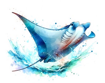 May include: A watercolor painting of a manta ray leaping out of the water. The ray is blue and gray with a white belly. The water is a turquoise blue with white splashes.