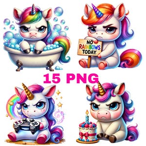 15 PNG, Unicornio bebé gruñón Clipart, Linda colección de unicornios gruñones, Unicornio Clipart, Unicornio gruñón PNG, Unicornio arcoíris, Uso comercial