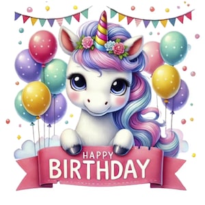 May include: A white unicorn with a pink, blue, and purple mane and tail holds a pink banner with the text "HAPPY BIRTHDAY". The unicorn is surrounded by colorful balloons and confetti.