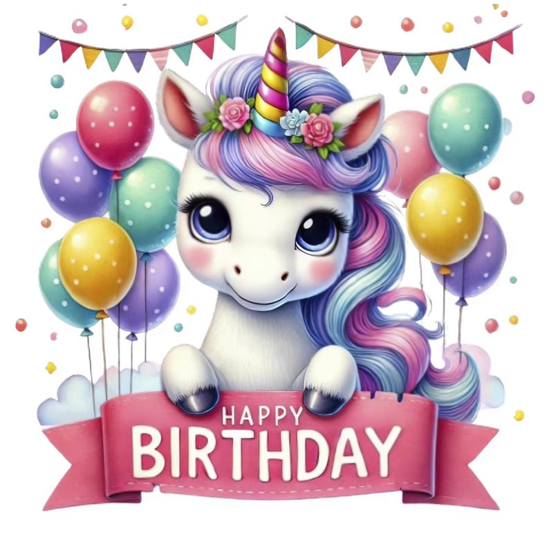 May include: A white unicorn with a pink, blue, and purple mane and tail holds a pink banner with the text "HAPPY BIRTHDAY". The unicorn is surrounded by colorful balloons and confetti.