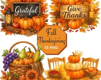 Könnte beinhalten: Digitale Illustration mit Herbst- und Thanksgiving-Elementen. Kürbisse, Blätter und Kürbisse sind mit den Texten "Grateful" und "Give Thanks" angeordnet. Ein Korb mit Produkten und eine Tischdekoration mit Kerzen sind ebenfalls enthalten.