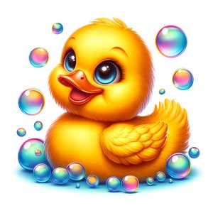 Peut inclure: Un canard en caoutchouc jaune avec de grands yeux bleus et un bec orange vif entour&eacute; de bulles iris&eacute;es color&eacute;es.