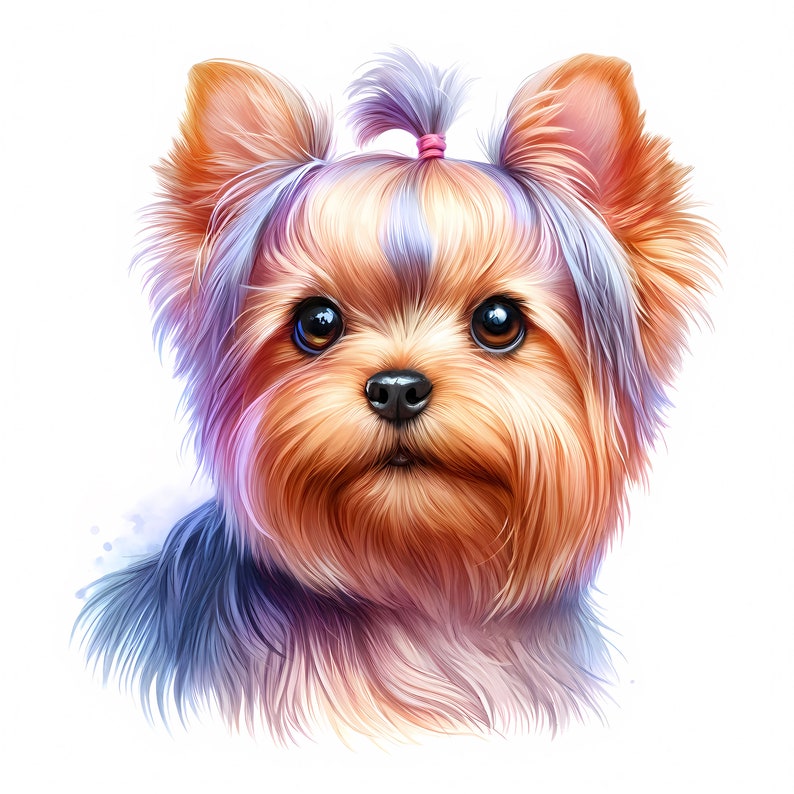 May include: A close-up portrait of a Yorkshire Terrier with brown and gold fur, blue highlights, and a pink bow in its hair.