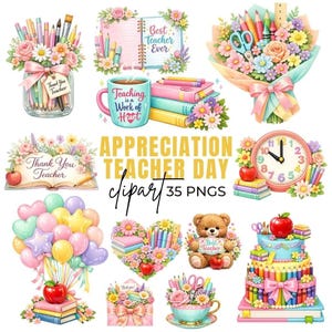 Puede incluir: Colección de ilustraciones en acuarela para el Día de Apreciación del Maestro. Incluye ramos, lápices, libros, un reloj, un oso de peluche y un pastel. El texto incluye "Mejor Maestro de Todos", "Gracias Maestro" y "Enseñar es un Trabajo del Corazón".