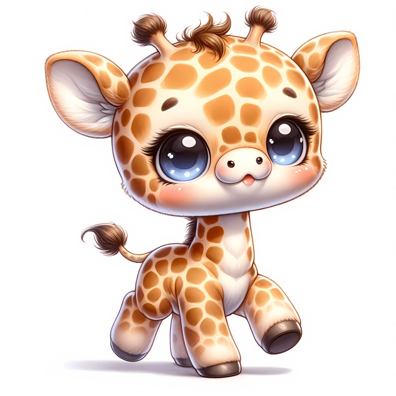 Op de afbeelding: Een schattige cartoon giraffe met grote blauwe ogen, bruine vlekken en een lichtbruine manen. De giraffe wordt afgebeeld in een wandelhouding, met zijn poten en hoeven zichtbaar. Het ontwerp is zacht en vriendelijk, met een witte achtergrond.