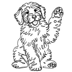 May include: A black and white line drawing of a fluffy dog sitting with its paw raised in a wave. The dog has a happy expression on its face.