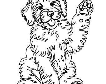 Könnte beinhalten: Eine Schwarzweiß-Zeichnung eines flauschigen Hundes, der mit erhobenem Pfote sitzt und winkt. Der Hund hat einen fröhlichen Gesichtsausdruck.