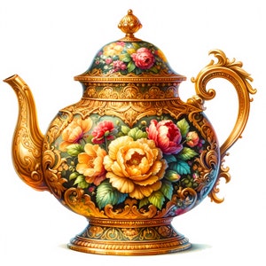 Könnte beinhalten: Eine goldene Teekanne mit aufwendigen Blumendesigns und einem grün-goldenen Sockel. Die Teekanne hat ein Blumenmuster mit gelben, rosa und roten Blumen.