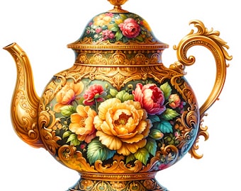 Victorian Floral Teapot Clipart: Elegant Printable Art (Digital Download, Commercial Use) 12 JPG)