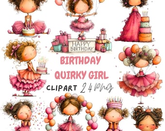 Whimsical Birthday Girl Clipart: Party Quirky Girls Graphics, Digital Download, 24 PNG