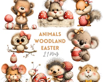Clipart di animali del bosco pasquale: grafica stravagante e festiva, download digitale, 21 PNG