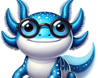 May include: A blue axolotl wearing round black glasses with white spots all over its body. The axolotl is sitting on a white background.