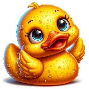 Peut inclure: Un canard en caoutchouc jaune avec un grand sourire et de grands yeux bleus. Le canard est couvert de gouttelettes d'eau.