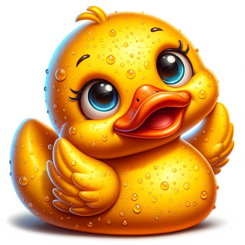 Peut inclure: Un canard en caoutchouc jaune avec un grand sourire et de grands yeux bleus. Le canard est couvert de gouttelettes d'eau.