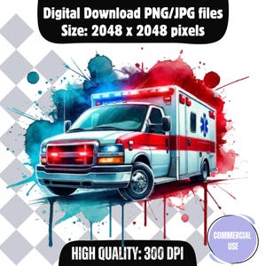 May include: A digital illustration of a white ambulance with red and blue accents, set against a blue and red watercolor background. The ambulance has a red cross symbol on the side and flashing lights on the roof. The text "COMMERCIAL USE" is visible in the lower right corner.