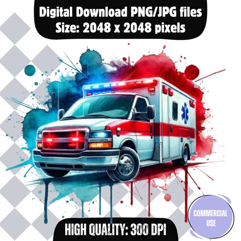 May include: A digital illustration of a white ambulance with red and blue accents, set against a blue and red watercolor background. The ambulance has a red cross symbol on the side and flashing lights on the roof. The text "COMMERCIAL USE" is visible in the lower right corner.