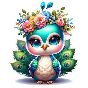 Clipart paon mignon | 12 fichiers JPG de haute qualité | Lot de cliparts charmant paon | Art mural | Art paon pour chambre d'enfant | Imprimable | Utilisation commerciale