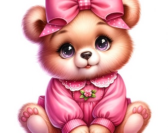 Baby Bear Clipart | Pink Bow Nursery Art (Digital Download)