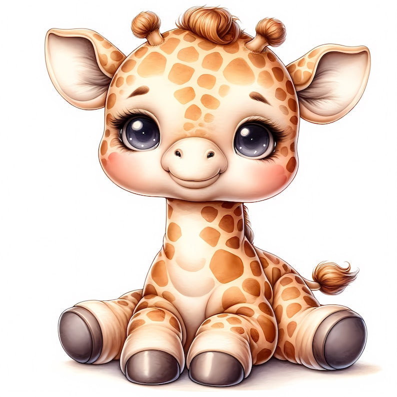 Op de afbeelding: Een schattige cartoon giraffe met grote, expressieve ogen en een zachte glimlach. De giraffe heeft een lichtbruine vacht met bruine vlekken en zit. De afbeelding is een digitale illustratie met een zachte, uitnodigende esthetiek.