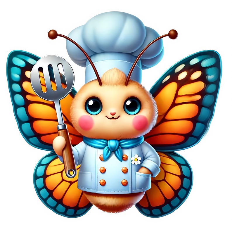 Puede incluir: Una mariposa de dibujos animados con un gorro de cocinero y sosteniendo una esp&aacute;tula. La mariposa tiene ojos azules, mejillas rosadas y un cuerpo amarillo. Las alas son de color naranja y azul.