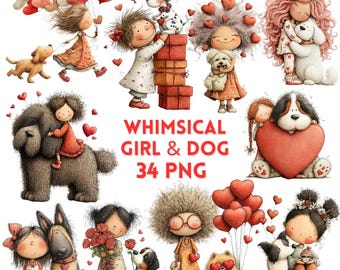 Whimsical Girl & Dog Clipart: Adorable Love Graphics (Digital Download) 34 PNGs