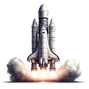 Puede incluir: Una lanzadera espacial blanca con tres cohetes de refuerzo se lanza al espacio. La lanzadera está rodeada de una nube de humo y fuego. La lanzadera es un símbolo de la exploración espacial y el deseo humano de alcanzar las estrellas.