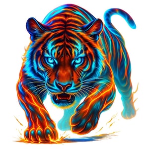 Puede incluir: Ilustración digital vibrante de un tigre en movimiento, con colores neón. El pelaje del tigre es una mezcla de naranja, azul y amarillo, con acentos brillantes. Sus ojos son de un azul llamativo, y parece estar saltando hacia adelante.