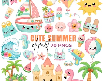 Adorable Summer Clipart, Kawaii Summer Graphics, Beach Bundle (Digital Download) 70 PNGs