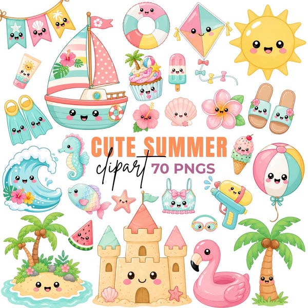 Entzückende Sommer Clipart, Kawaii Sommer Grafiken, Strand Bundle (Digitaler Download) 70 PNGs