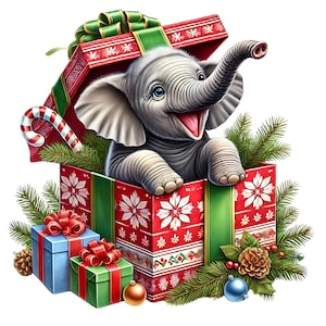 Clipart de Natal de Elefante | 10 JPGs de Alta Qualidade | Pacote de Clipart de Natal de Elefante Festivo | Animal de Férias | Imprimíveis | Uso Comercial
