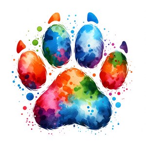 K&ouml;nnte beinhalten: Ein farbenfrohes Aquarellbild eines Pfotenabdrucks. Der Pfotenabdruck besteht aus verschiedenen Blaut&ouml;nen, Gr&uuml;nt&ouml;nen, Rot-, Orange-, Gelb- und Violettt&ouml;nen. Der Hintergrund ist wei&szlig; mit kleinen Farbpunkten.