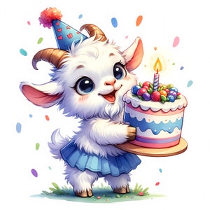 May include: A cartoon illustration of a white goat wearing a blue party hat and skirt, holding a birthday cake with a lit candle. The cake is decorated with colorful frosting and berries. Confetti dots the background.