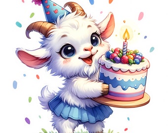May include: A cartoon illustration of a white goat wearing a blue party hat and skirt, holding a birthday cake with a lit candle. The cake is decorated with colorful frosting and berries. Confetti dots the background.