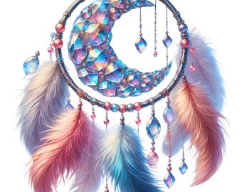 May include: A dreamcatcher with a crescent moon design made of iridescent crystals. The dreamcatcher has a beaded hoop with feathers in shades of pink, blue, and white.