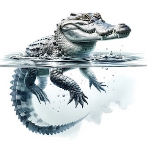 May include: A gray alligator with a black and white patterned tail swims in clear water. The alligator's head is above the water, and its eyes are open. The alligator's tail is curled around its body.