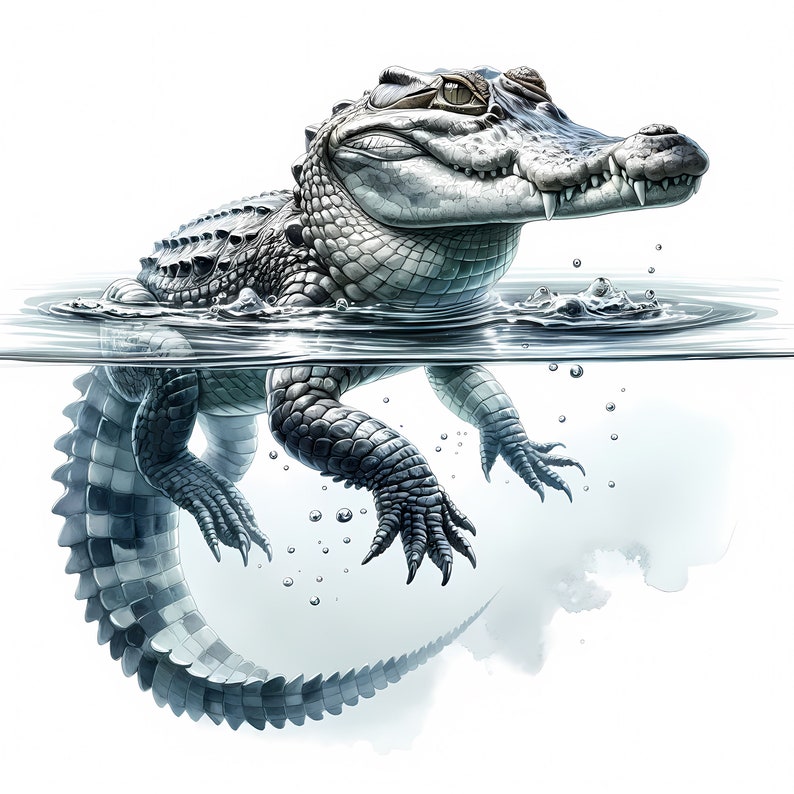 May include: A gray alligator with a black and white patterned tail swims in clear water. The alligator's head is above the water, and its eyes are open. The alligator's tail is curled around its body.