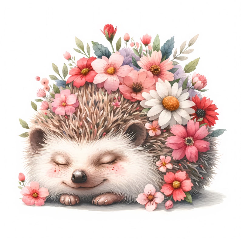K&ouml;nnte beinhalten: Eine Aquarell-Illustration eines schlafenden Igels, der eine Krone aus rosa, wei&szlig;en und roten Blumen tr&auml;gt.