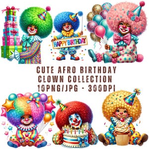 10 PNG/JPG, Clipart de palhaço afro fofo de aniversário, Pacote de arte de palhaço preto, Palhaço de circo de aniversário, Clipart de circo afro, Imprimíveis, Comercial EUA