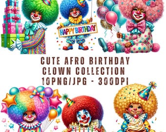 Afro Birthday Clown Clipart Bundle, Party Decoration PNG JPG (Digital Download)