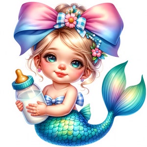 Clipart bébé sirène | 10 fichiers JPG de haute qualité | Lot de cliparts mignon bébé sirène | Décoration de chambre d'enfant | Baby Shower | Imprimables | Utilisation commerciale