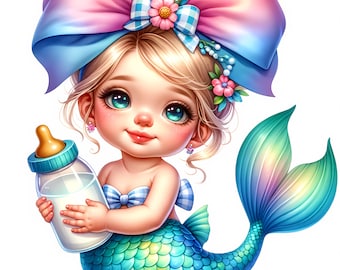 May include: A cute cartoon mermaid with blonde hair, wearing a blue and white checked bow and holding a baby bottle. Her tail is a vibrant blue and green with iridescent scales.