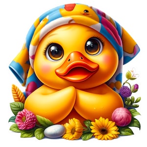 Peut inclure: Un canard en caoutchouc jaune portant une serviette bleue et rose avec une couronne de fleurs jaunes. Le canard est entour&eacute; de fleurs et de feuilles.